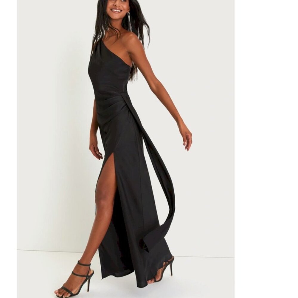 Lulus Signature Elegance Black Satin One-Shoulder Maxi Dress Size Large New NWT - Picture 5 of 13